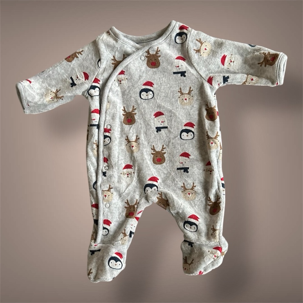 New Cozy Holiday Penguin & Reindeer Footed One-Piece - Gray